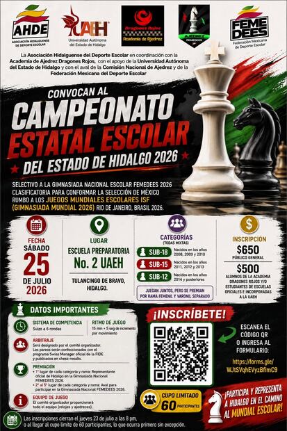 Tulancingo será sede del 1° Campeonato Estatal Escolar de Ajedrez FEMEDEES Hidalgo 2026 | Facebook: Academia de Ajedrez Dragones Rojos