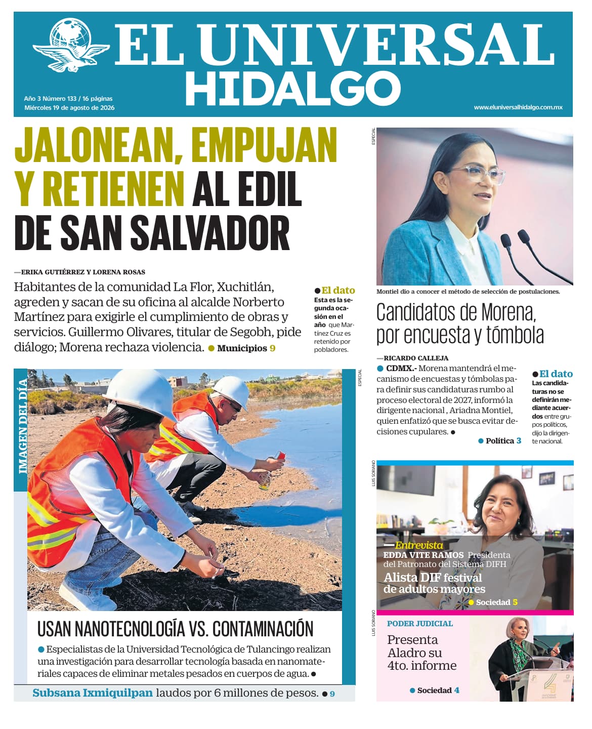 Portada El Universal Hidalgo 19/8/26