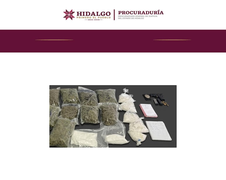 Aseguran más de 59 mil dosis de droga y un arma en Mineral de la Reforma; dos hombres enfrentan proceso penal | Foto: PGJEH