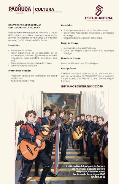 Convocan a integrar la Estudiantina de Pachuca para fortalecer la tradición musical | Cortesía: ayuntamiento de Pachuca