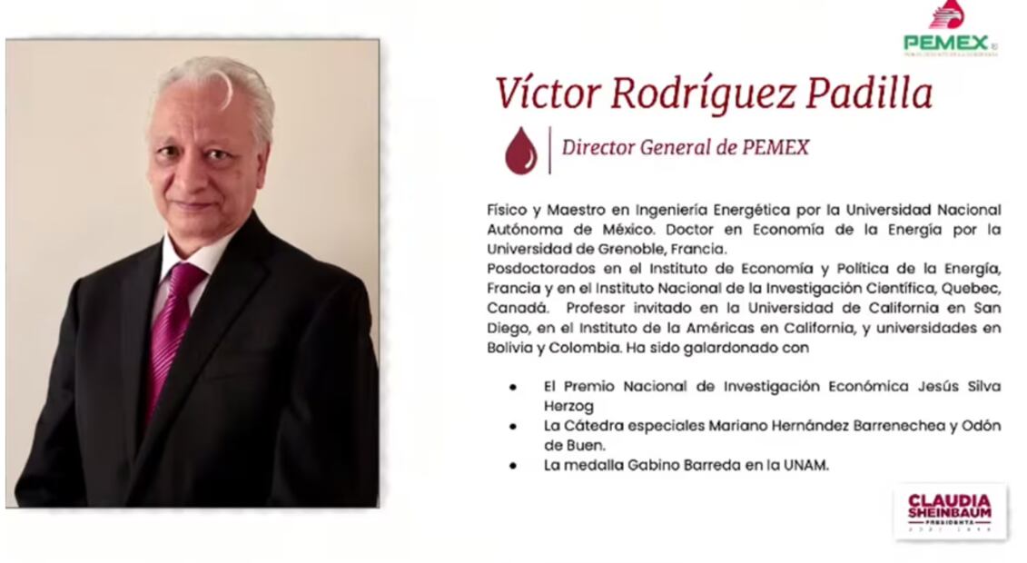 Víctor Rodríguez Padilla será el director de Pemex, anunció la presidenta electa Claudia Sheinbaum.