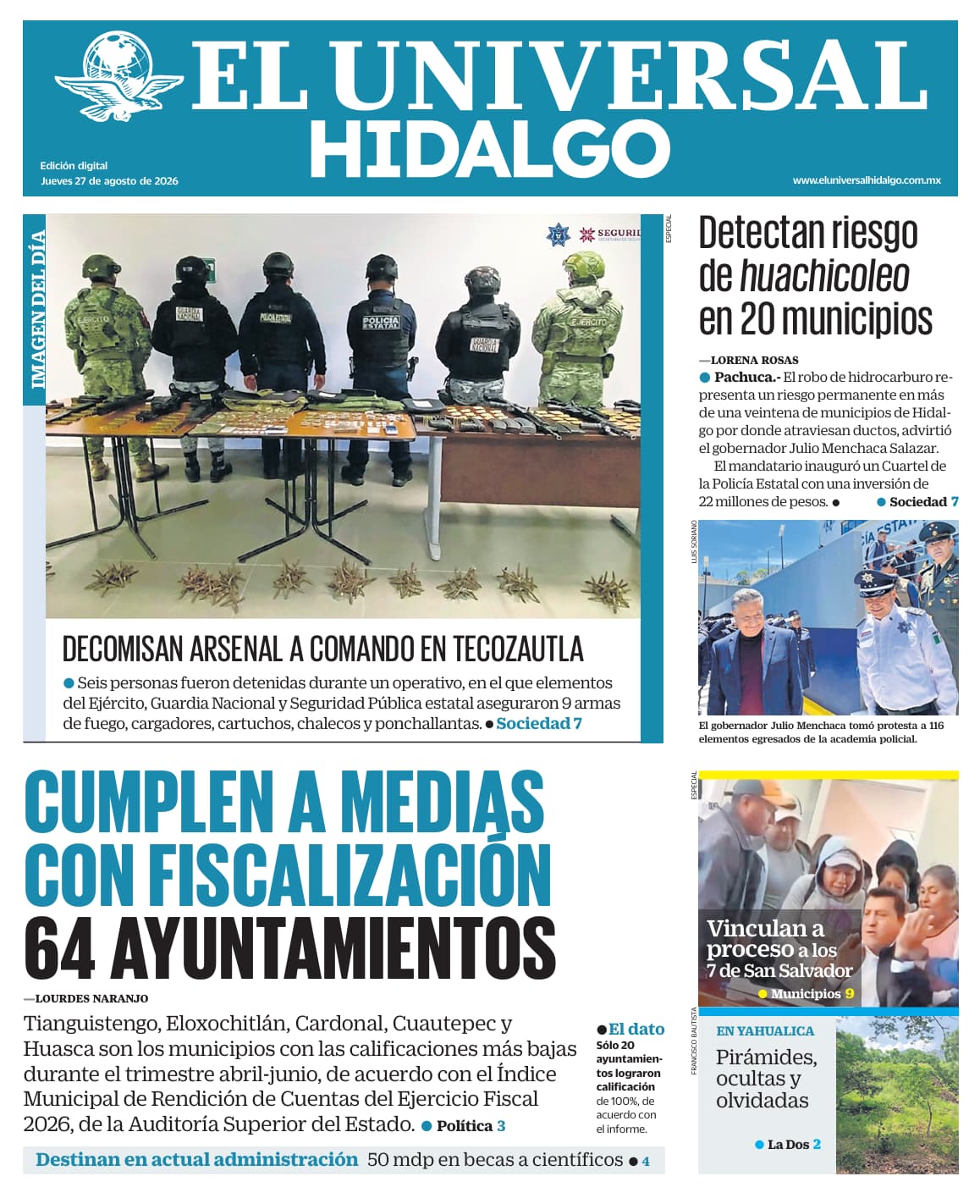 Portada El Universal Hidalgo 27/8/26