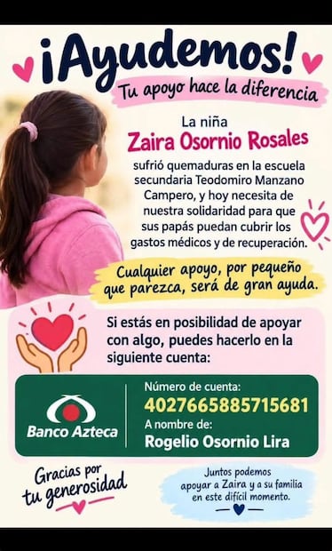 ¡Solicitan donadores de sangre para Zaira, estudiante quemada en Huasca! Facebook: Huasca de Ocampo, Hidalgo