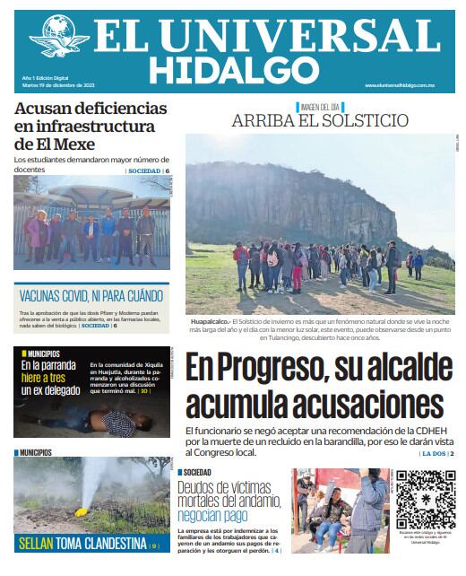 Portada El Universal Hidalgo 191223