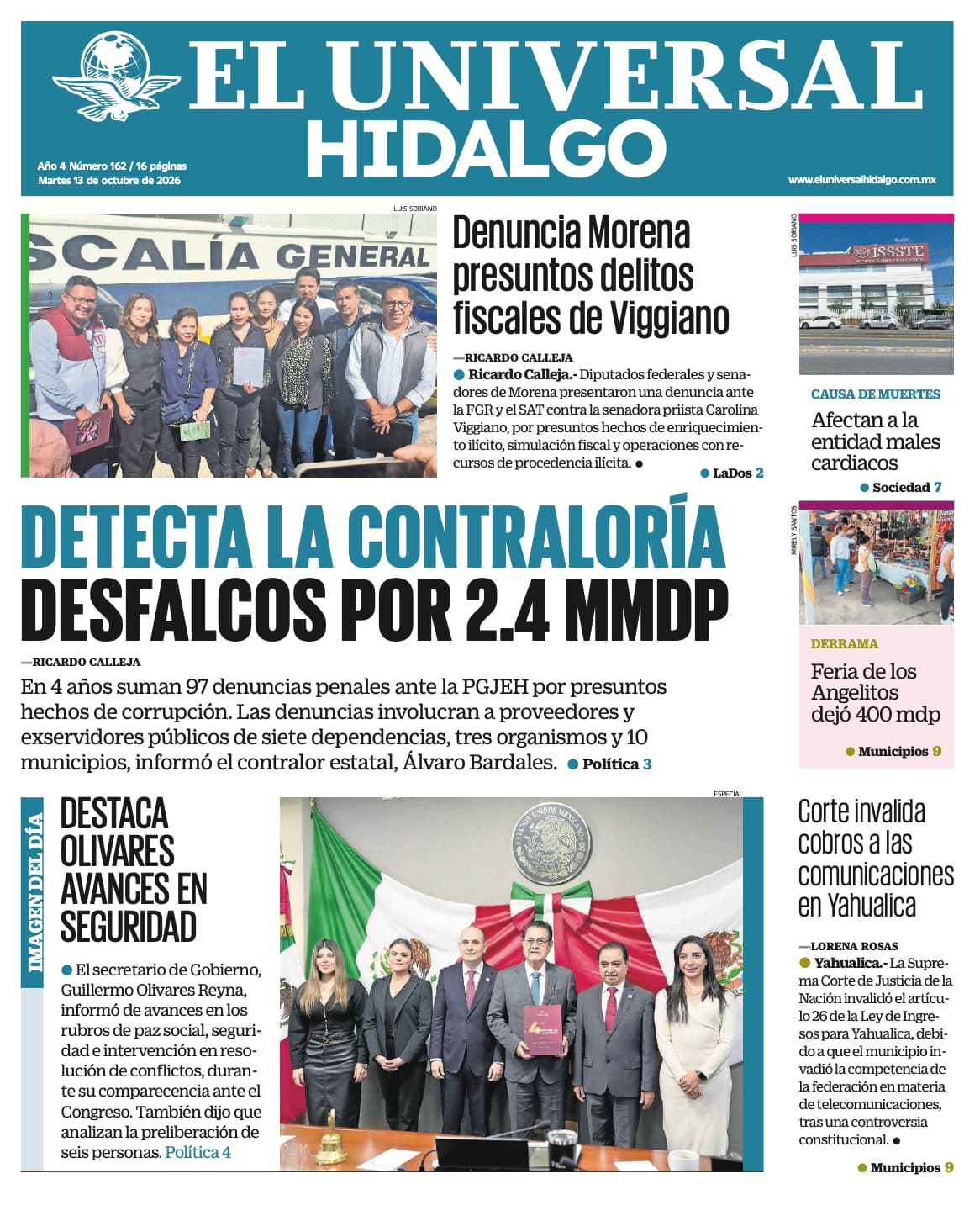 Portada El Universal Hidalgo 13/10/26