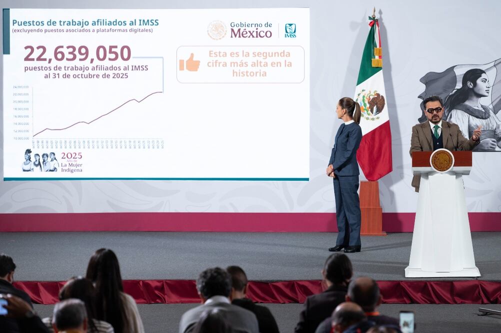 El Gobierno de México, a través del Instituto Mexicano del Seguro Social (IMSS), informó, en la conferencia matutina encabezada por la Presidenta Claudia Sheinbaum Pardo, que al 31 de octubre de 2025, se registraron 22 millones 639 mil 50 puestos