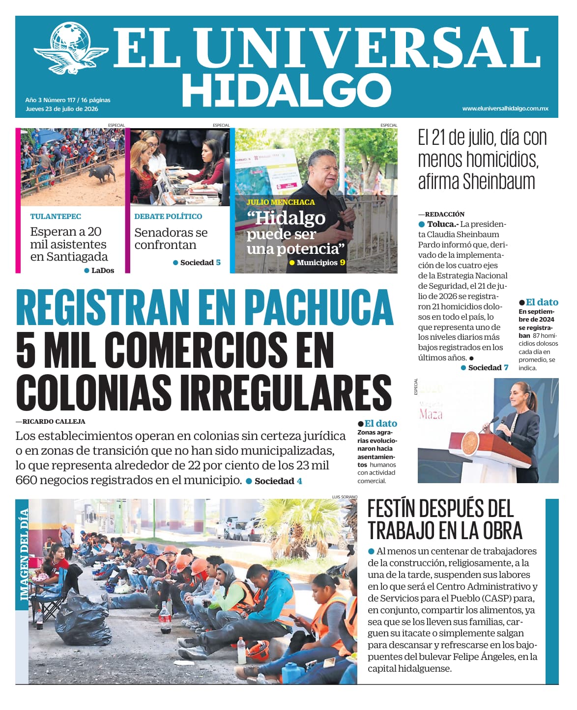 Portada El Universal Hidalgo 23/7/26