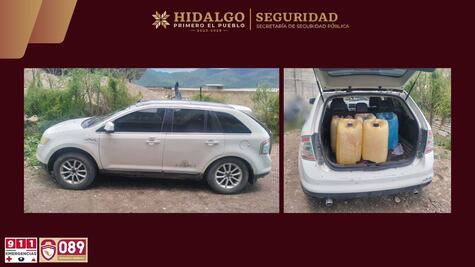Aseguran camioneta con 225 litros de combustible presuntamente ilegal en Tezontepec de Aldama