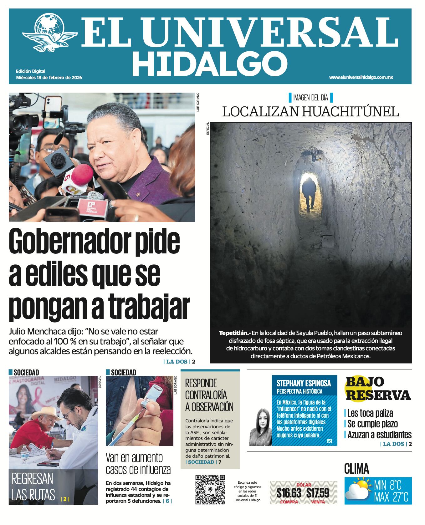 Portada El Universal Hidalgo 18/2/26