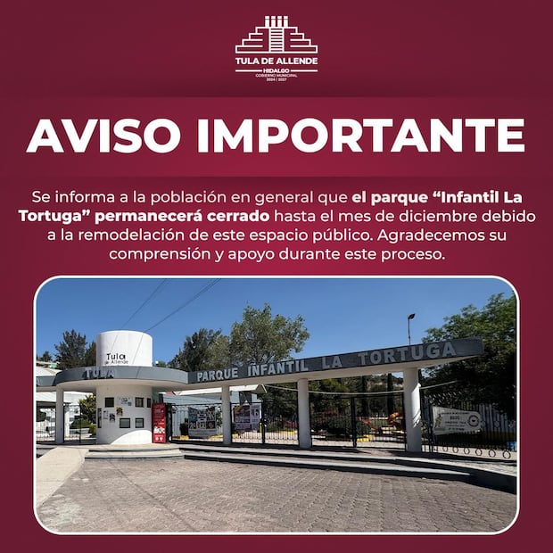 Arranca remodelación del parque La Tortuga en Tula; cambiará de nombre a Quetzalcóatl |Facebook: Gobierno Municipal de Tula de Allende
