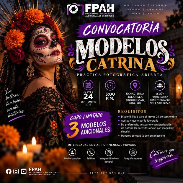 ¿Te gustaría ser Catrina por un día? Facebook: Fotógrafos y Productores Audiovisuales de Hidalgo