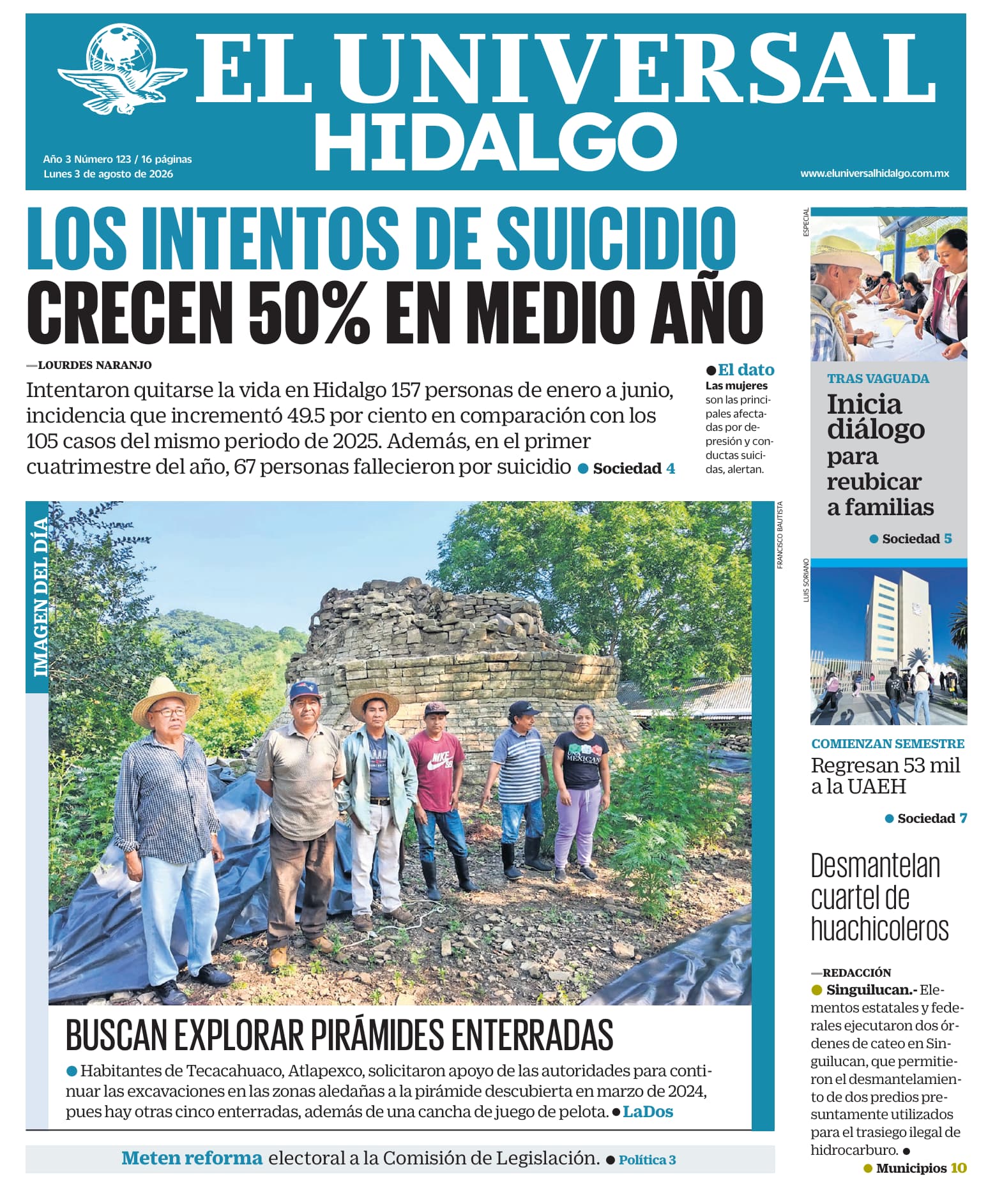 Portada El Universal Hidalgo 3/8/26