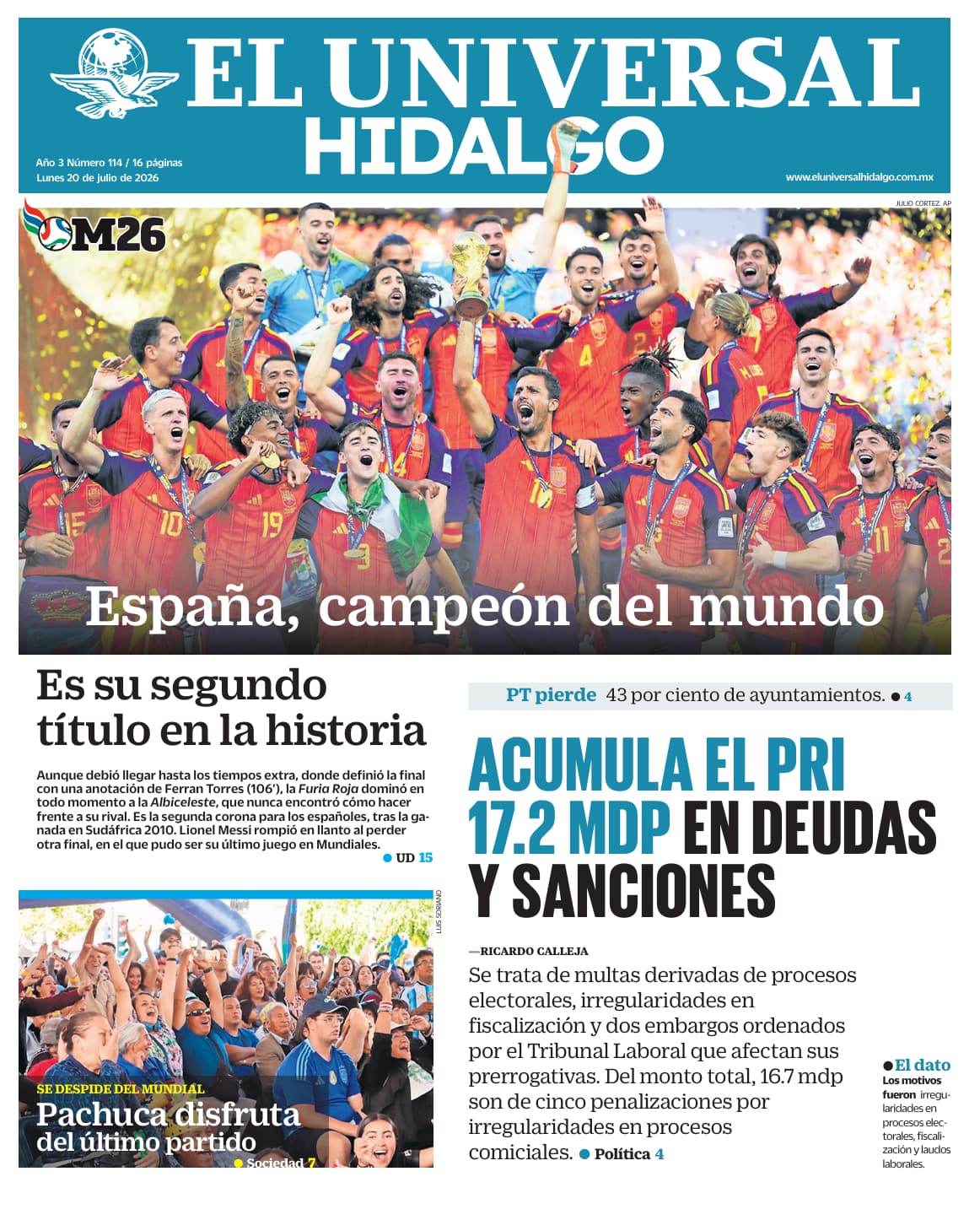 Portada El Universal Hidalgo 20/7/26