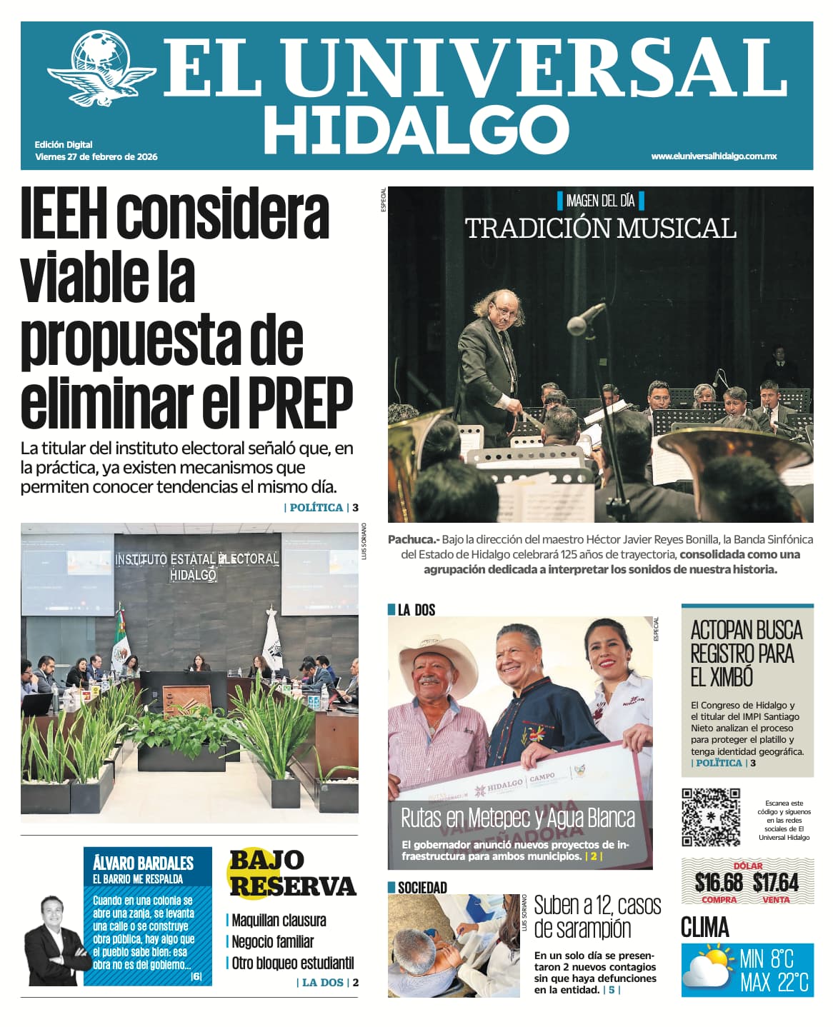 Portada El Universal Hidalgo 27/2/26