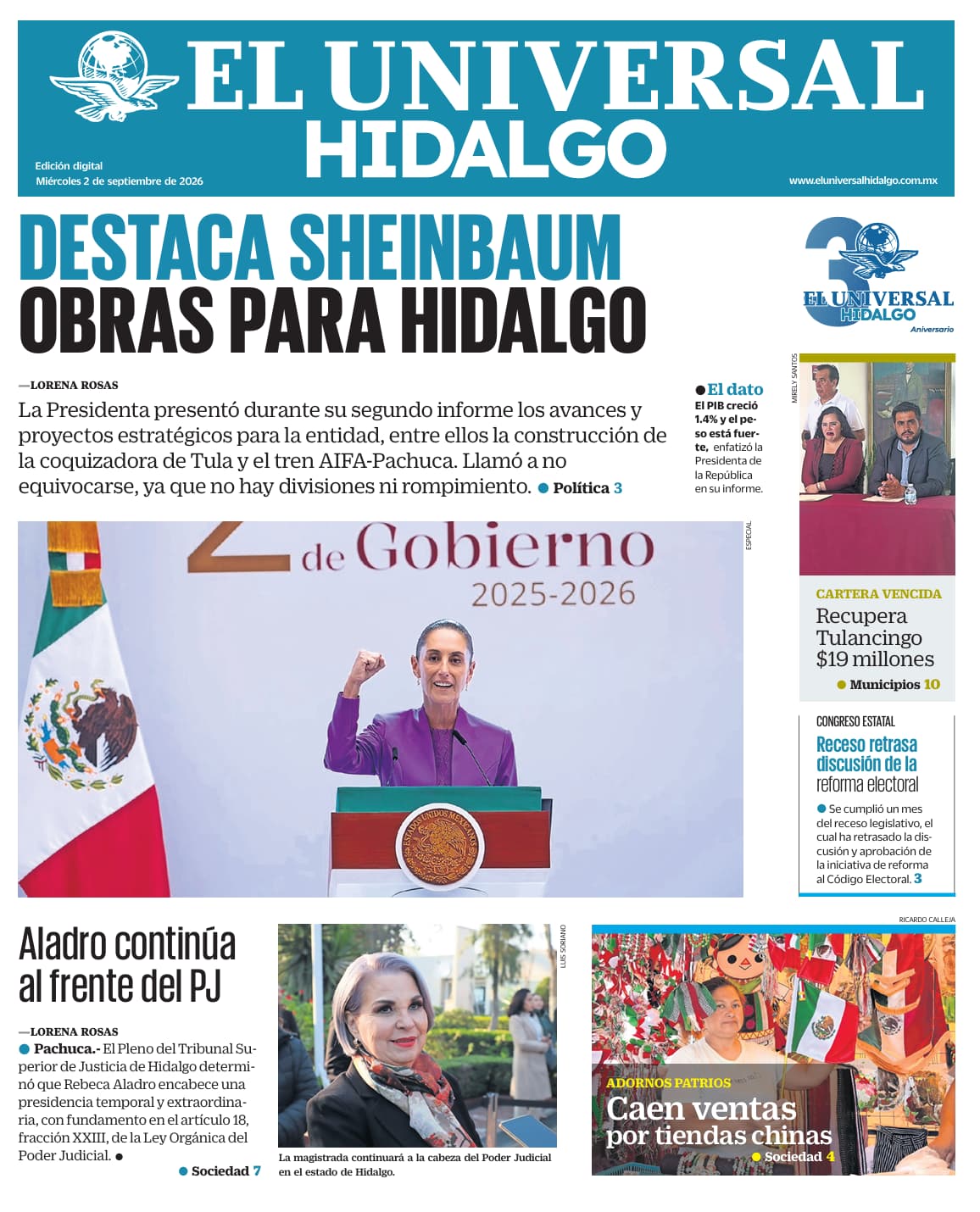 Portada El Universal Hidalgo 2/9/26
