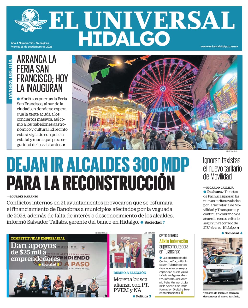Portada El Universal Hidalgo 25/9/26