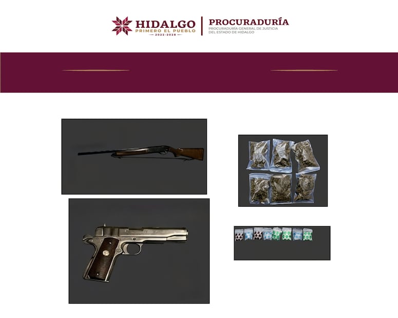 Cateo en Santa Matilde deja dos detenidos y decomiso de armas y presunta droga en Pachuca | Fotos: PGJEH