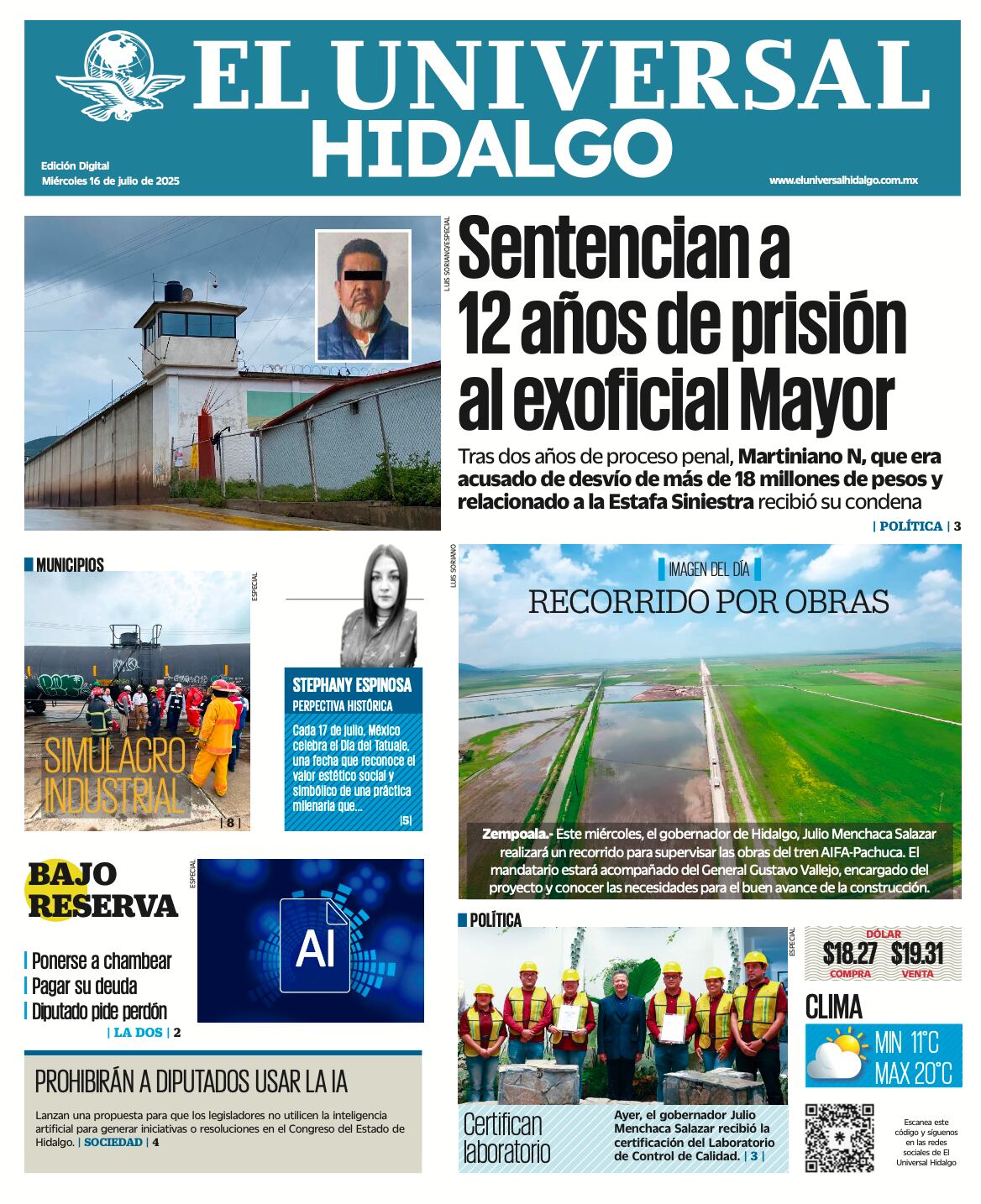 Portada El Universal Hidalgo 160725