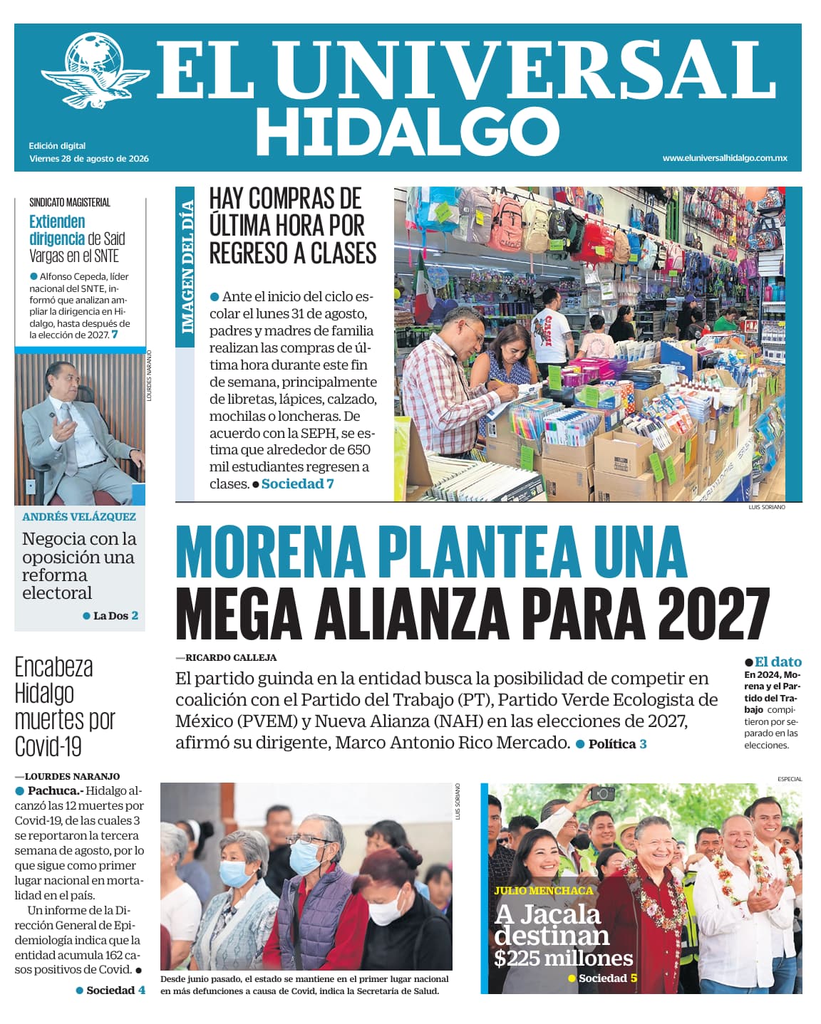 Portada El Universal Hidalgo 28/8/26