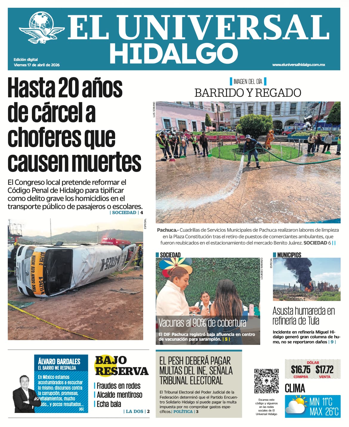 Portada El Universal Hidalgo 17/4/26