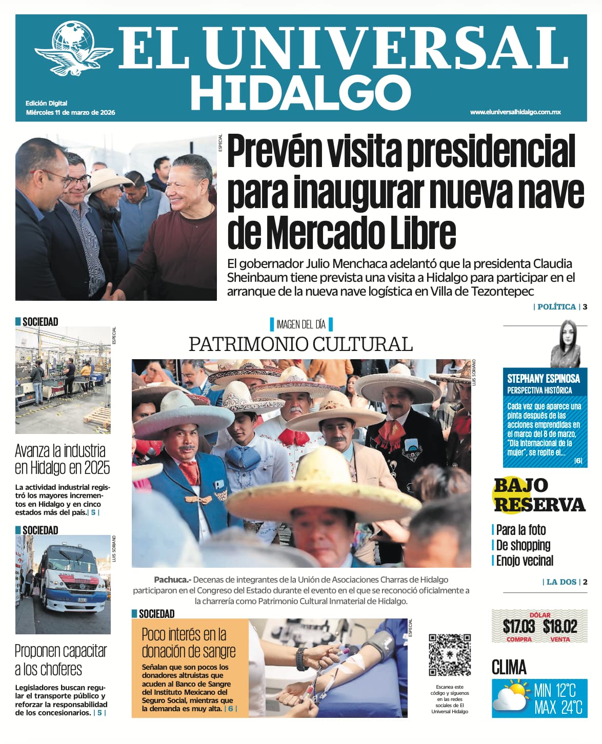 Portada El Universal Hidalgo 11/3/26