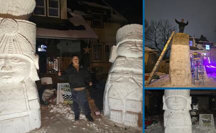 Hidalguense, radicado en Ohio, Estados Unidos, crea réplica de los Atlantes de Tula con la nieve