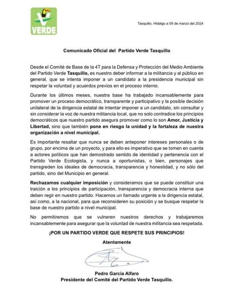 PVEM en Tasquillo acusa de imposición de candidato a la presidencia municipal