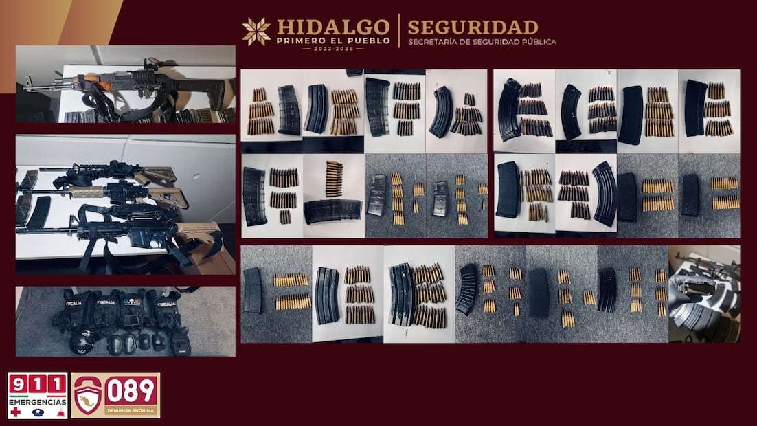 Catean predio en Tepetitlán; hallan armas, droga y vehículos robados | Fotos: SSPH