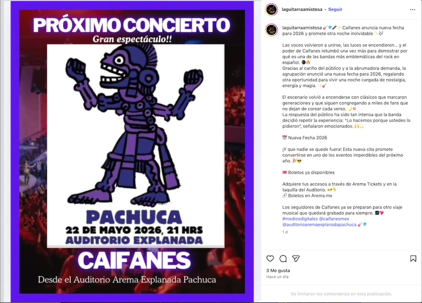 Alerta SSPH por fraude digital con falso concierto de Caifanes en Pachuca | Instagram: laguitarraamistosa