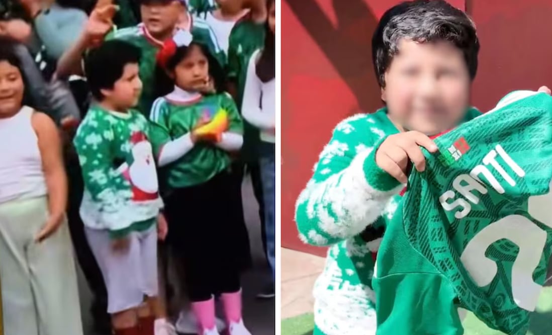 Mundial 2026: regalan camiseta de la Selección Mexicana a niño con suéter navideño; recibe saludo de Santiago Giménez. Foto: Redes Sociales