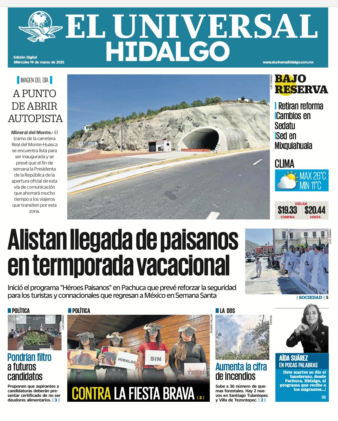 Portada EL Universal Hidalgo 190325