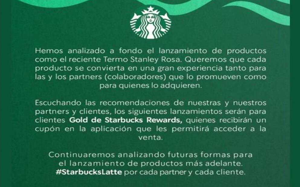 Luego de que varios consumidores intentarán conseguir el famoso vaso Termo Stanley Rosa, Starbucks refirió que analizaron el lanzamiento de ese tipo de productos.