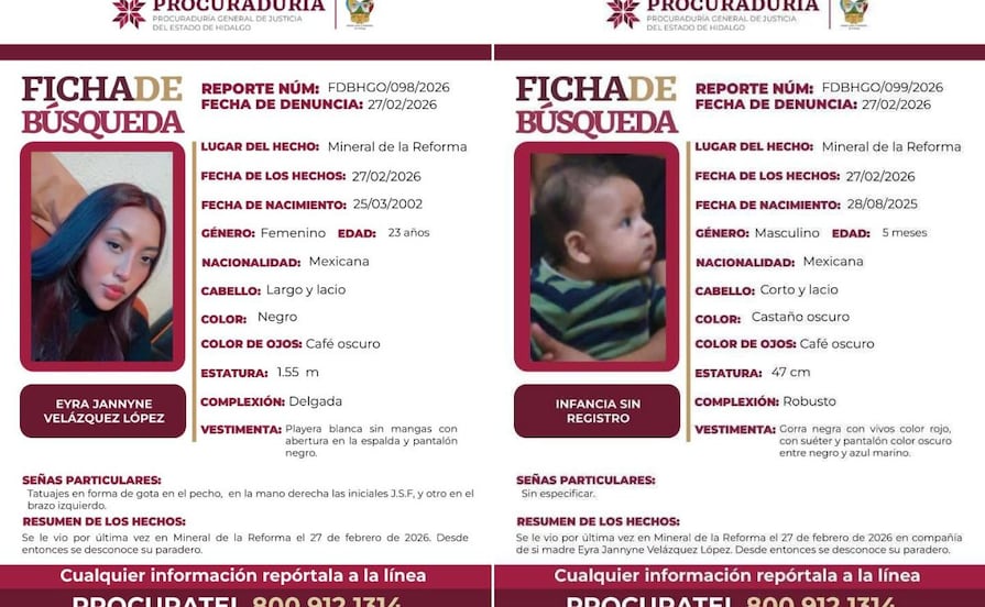 Desaparecen joven madre y su bebé en Mineral de la Reforma; activan fichas de búsqueda