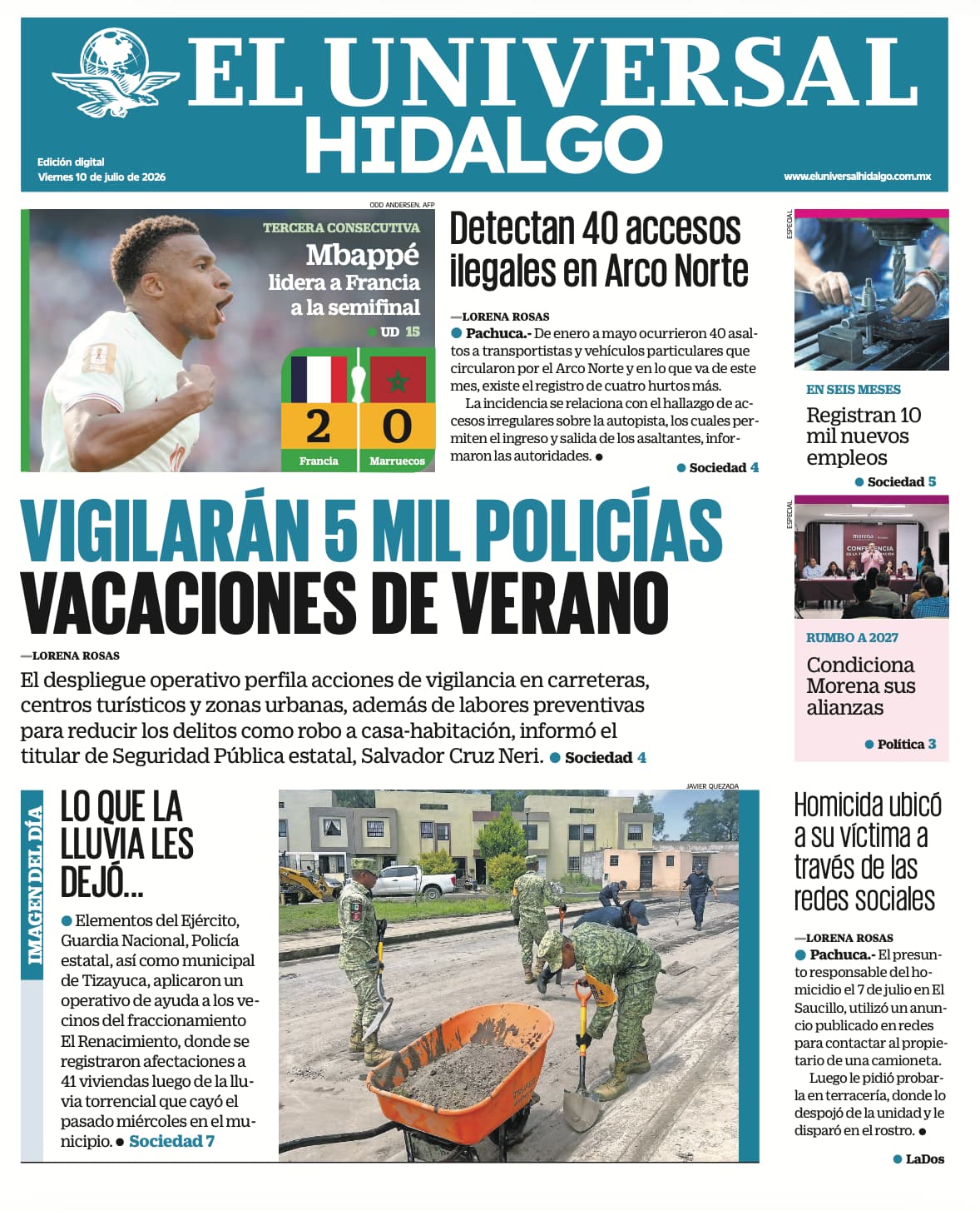 Portada El Universal Hidalgo 10/7/26