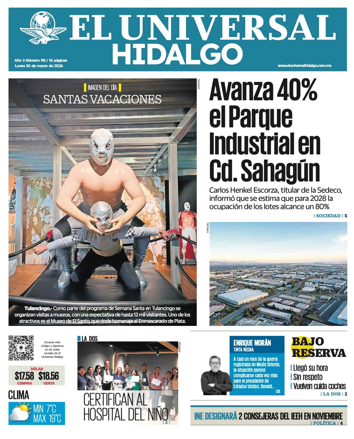 Portada El Universal Hidalgo 30/3/26