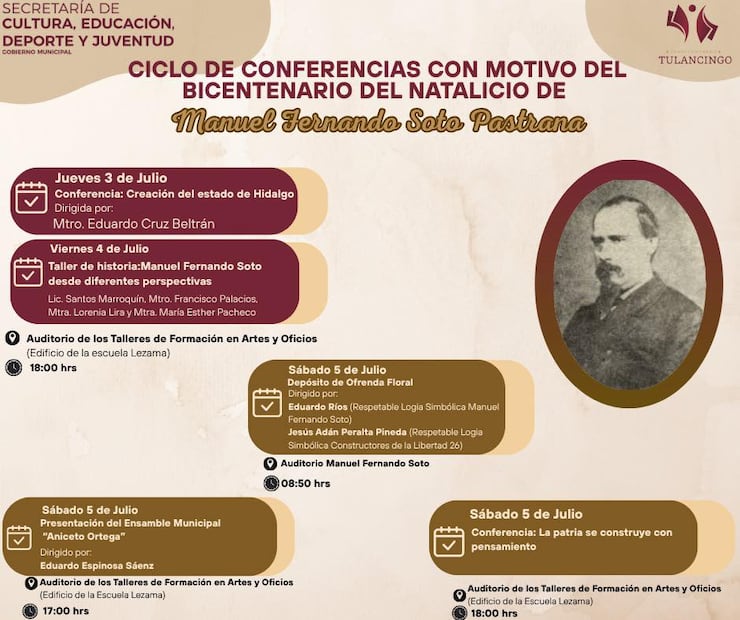 Celebrarán en Tulancingo el bicentenario del natalicio de Manuel Fernando Soto, impulsor del estado de Hidalgo | Facebook: Municipio Tulancingo de Bravo