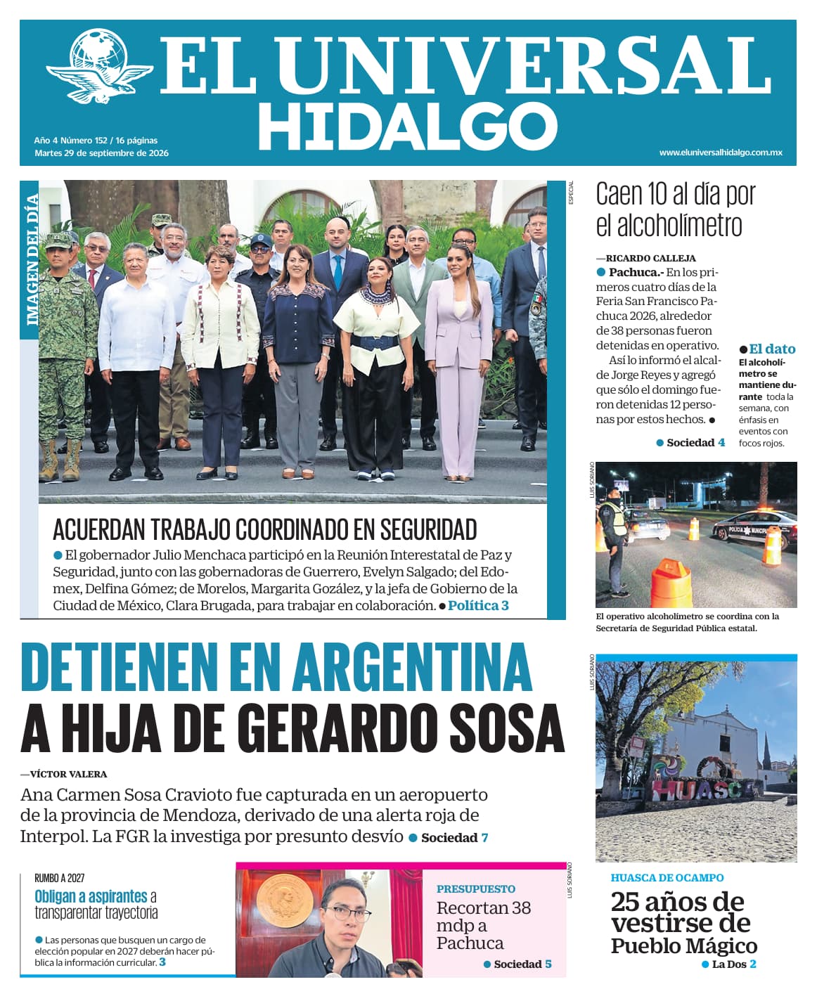Portada El Universal Hidalgo 29/9/26