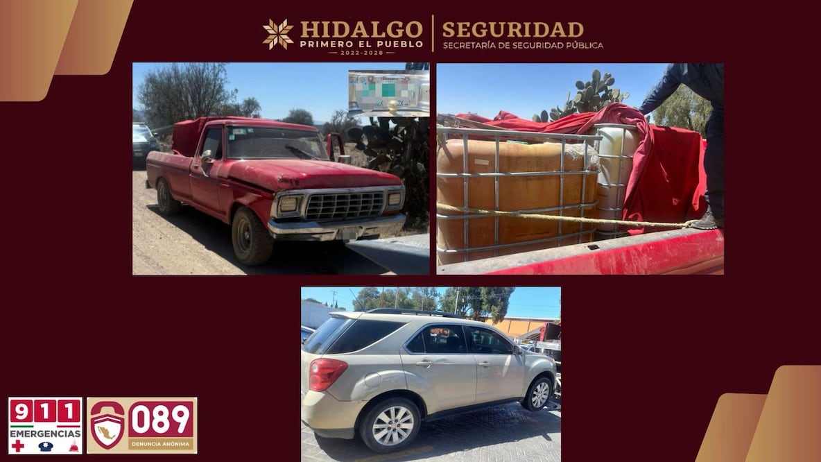 Persecución en Zempoala deja aseguramiento de combustible ilegal y dos detenidos | Fotos: SSPH