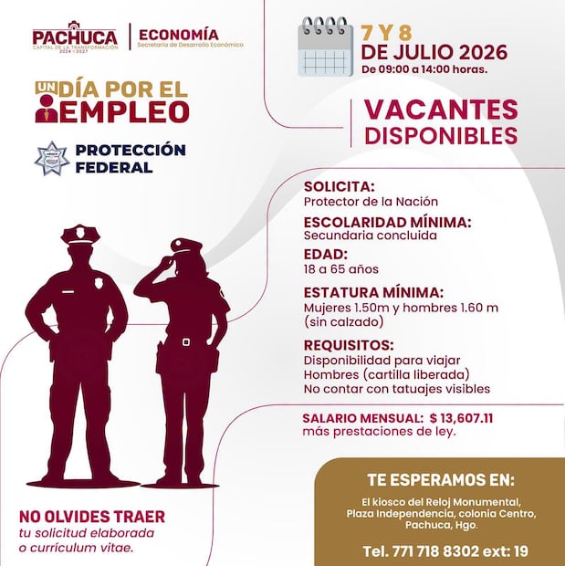 Abren reclutamiento en Pachuca para integrarse al Servicio de Protección Federal; ofrecen sueldo de más de 13 mil pesos | Facebook: Bolsa de Empleo Pachuca