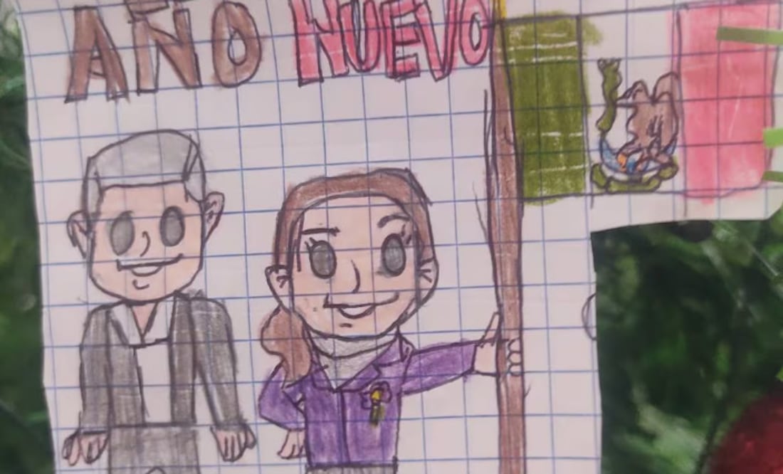 La presidenta Claudia Sheinbaum compartió en su cuenta de X, este 1 de enero del 2025, el dibujo que Mateo le hizo junto al expresidente López Obrador. Foto: Tomada de la cuenta de X de @Claudiashein