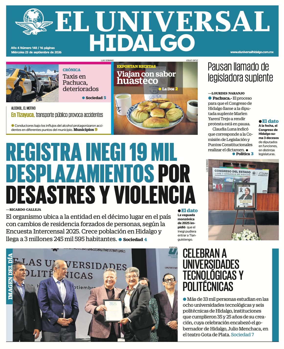 Portada El Universal Hidalgo 23/9/26