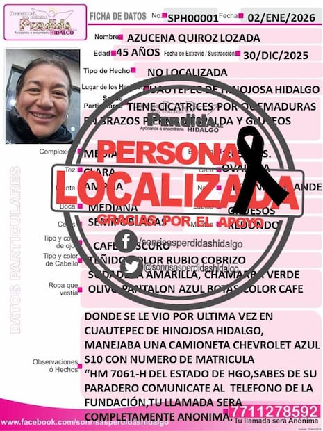 Avanzan investigaciones por doble homicidio de personas reportadas como desaparecidas en Hidalgo | Facebook: Sonrisas Perdidas Hidalgo