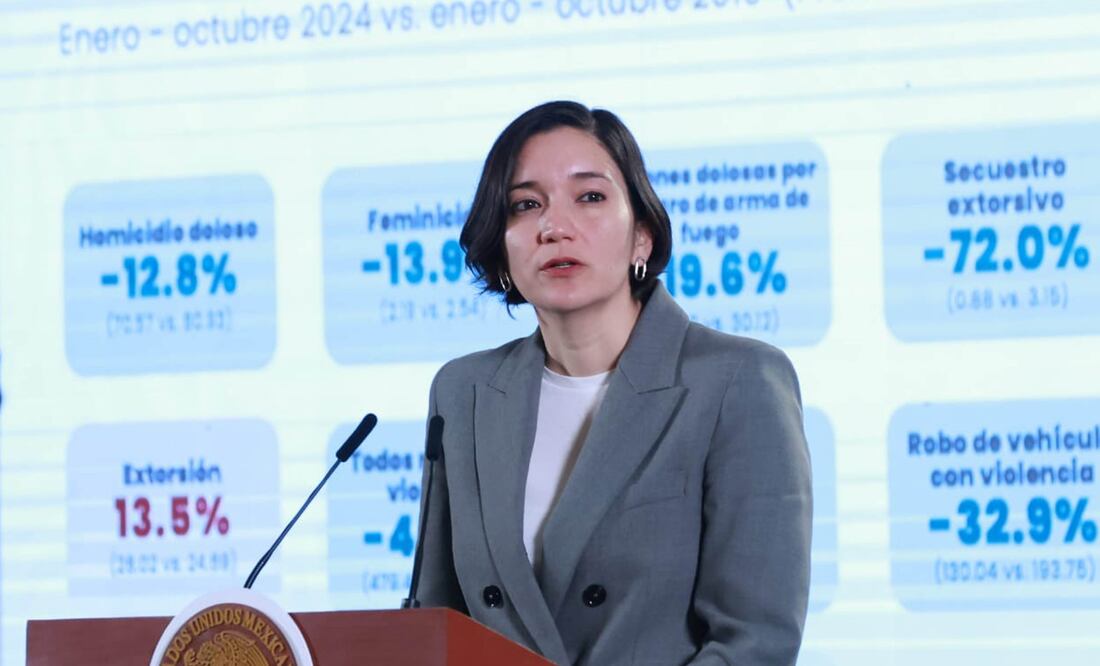 La presidenta Claudia Sheinbaum durante la conferencia matutina desde Palacio Nacional. La acompañan: Marcela Figueroa, titular del SESNSP | Foto: Fernanda Rojas