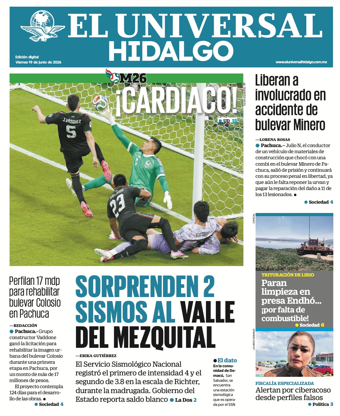 Portada El Universal Hidalgo 19/6/26