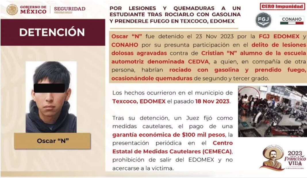 Fijan garantía económica a joven que roció con gasolina a Cristian | Foto: Especial
