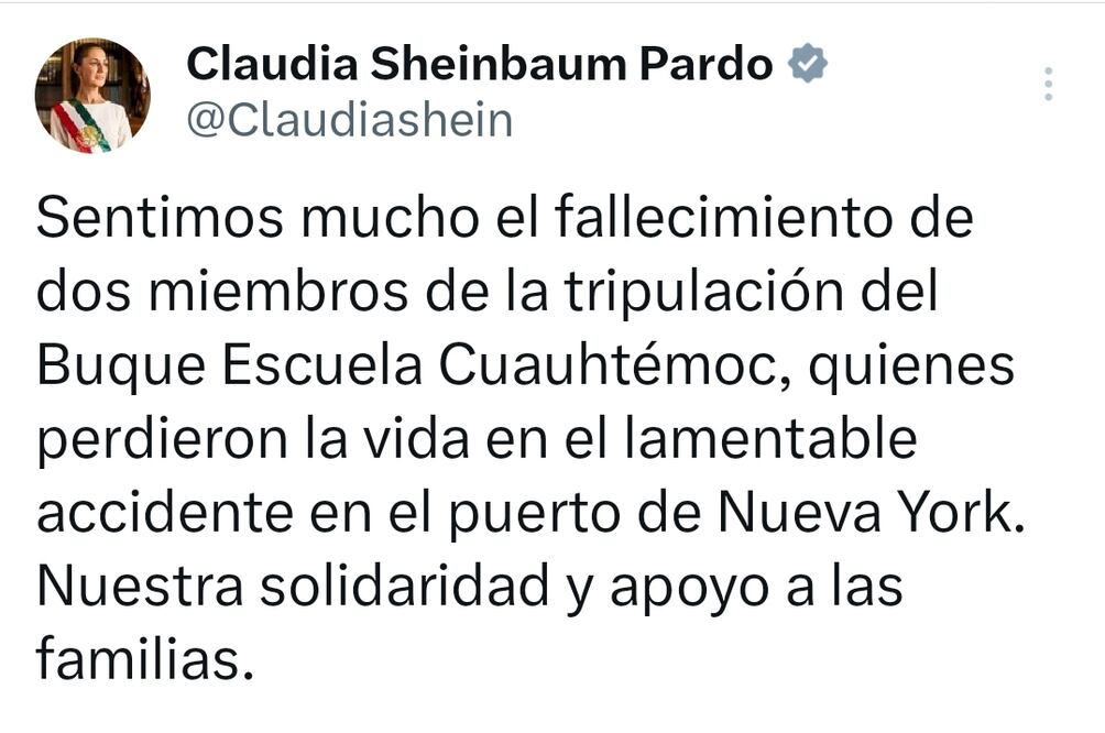 Presidenta de México lamenta accidente y muerte de marinos de buque escuela