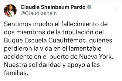 Presidenta de México lamenta accidente y muerte de marinos de buque escuela