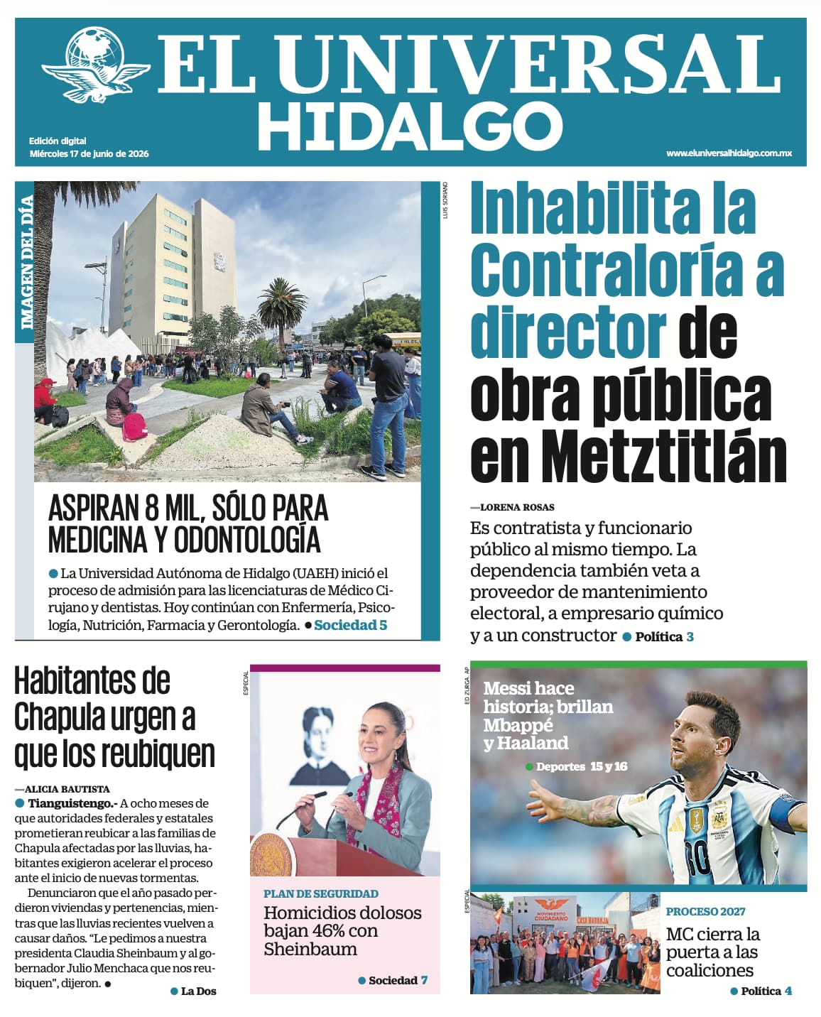 Portada El Universal Hidalgo 17/6/26