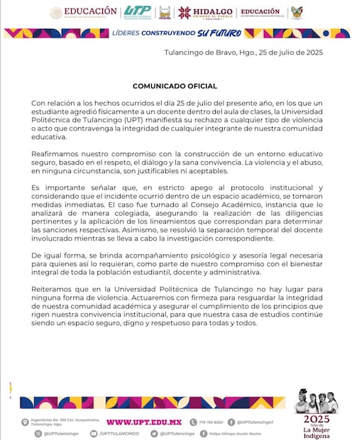 Universidad Politécnica de Tulancingo refuerza su compromiso con la integridad tras agresión en aula | Cortesía