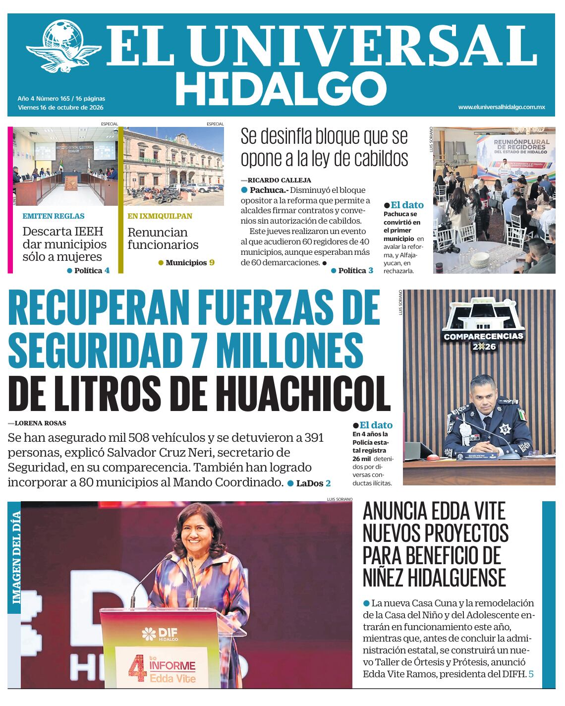 Portada El Universal Hidalgo 16/10/26